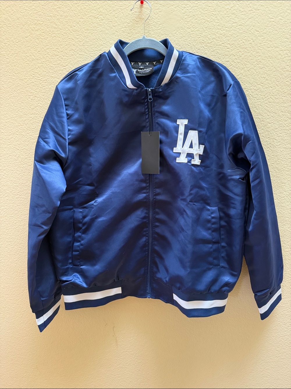 Men's Navy Satin Bomber Jacket with LA Patch